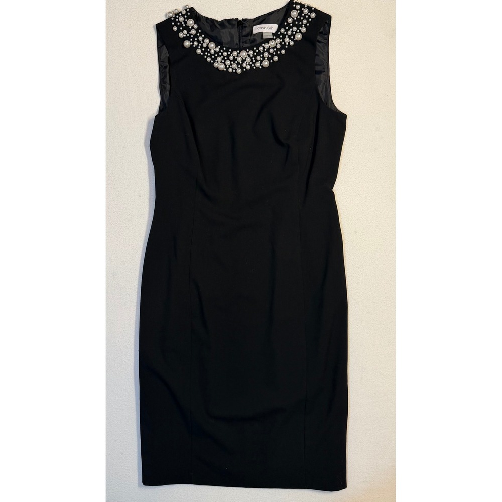 Calvin Klein Black Pearl Embellished Neckline Sheath Dress CD9X1LY5 Size 6